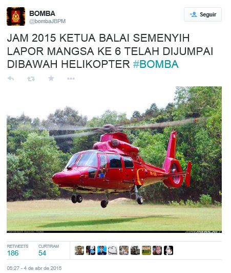 O helicóptero acidentado focado numa conta de Twitter. logo após o acidente.