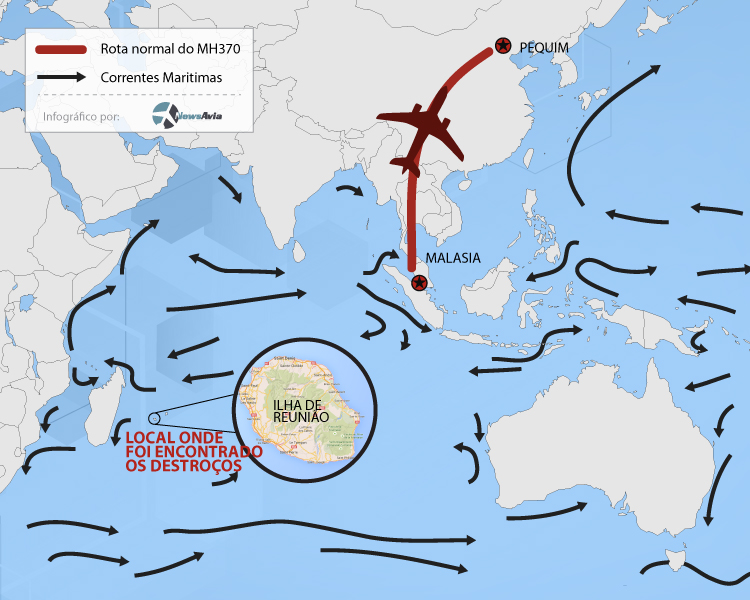 Infográfico tragetoria e correntes maritimas do voo MH370