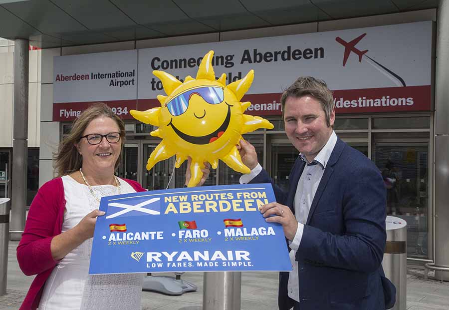 NEW ROUTES LAUNCHED BY RYANAIR FROM ABERDEEN AIRPORT TO MALAGA AND ALICANTE. PIC OF ABERDEEN INTERNATIONAL AIRPORT MD CAROL BENZIE WITH ROBIN KIELY, RYANAIR'S HEAD OF COMMUNICATION PICTURED AT THE LAUNCH. PIC ISSUED ON BEHALF OF ABERDEEN INTERNATIONAL AIRPORT